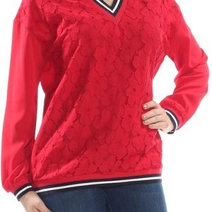 Tommy Hilfiger Womens Red Lace Long Sleeve V Neck